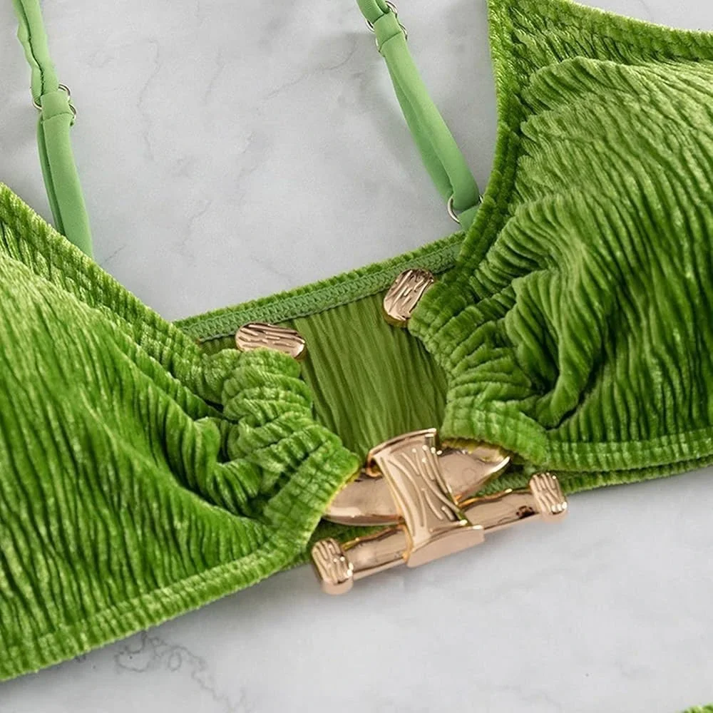 Micas Bikini Set Bikini‎ Swimsuit 2 Piece Green Wrinkled Cloth Medium